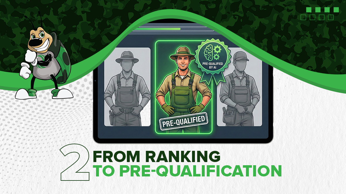 Green Marketing illustration of Google AI pre qualifying local lawn and landscaping companies in search results.