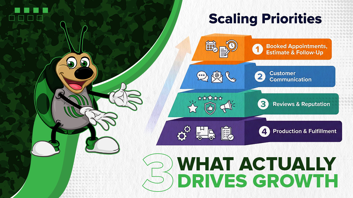 Priority stack for scaling a lawn and landscaping business showing booked appointments, estimates and follow-up, customer communication, reviews, and production.